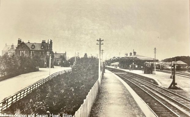 Ellon Railway Station showing Station Hotel on left hand side